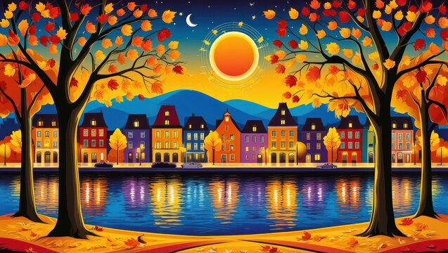 Romantic architecture of the old town, autumn divisionism