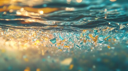 floating microplastics in clear water symbolizing the harmful environmental impact of plastic pollution in oceans and drinking water sources causing contamination and ecological disruption