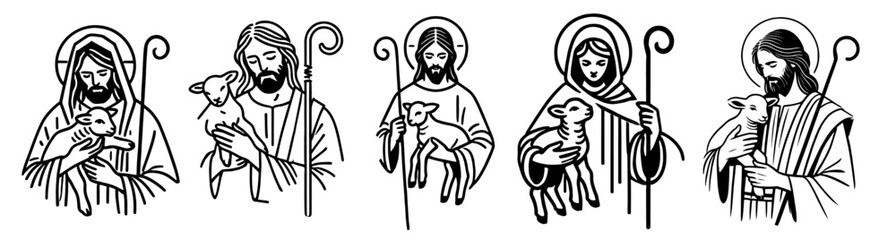 jesus christ and lamb in simple doodle line art style, black vector artwork