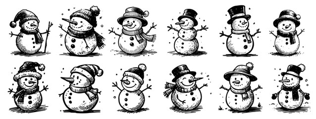 variety of snowmen wearing top hats and winter hats in sketch style black vector