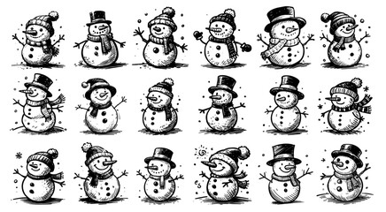 detailed hand-drawn snowman illustrations with hats, scarves, and mittens black vector
