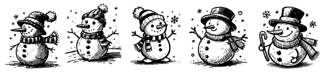 artistic snowmen collection in different poses and outfits black vector