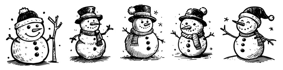 set of cute snowman illustrations with winter accessories in hand-drawn black vector