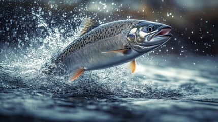 Leaping salmon fish jumping out of water in clear mountain river, action shot, wild nature, energetic movement, wildlife, fishing scene, freshwater fish, nature adventure, vibrant environment