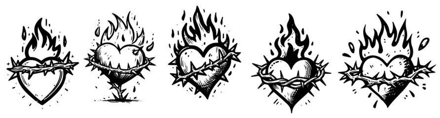 artistic collection of burning hearts with thorns in cartoon style black and white