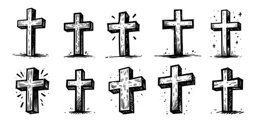 hand-drawn christian crosses in detailed sketch style black vector