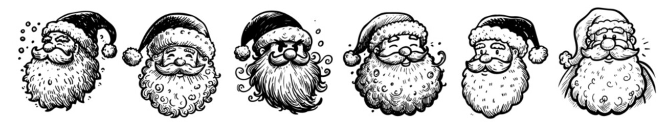 cheerful santa claus collection in black vector hand-drawn style