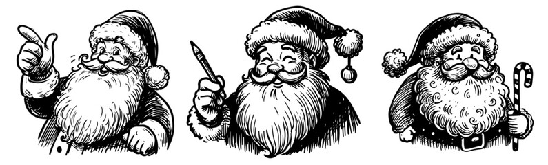 festive santa claus with beard and hat in hand-drawn black vector