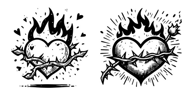 cartoon style flaming hearts with thorns in black and white vector collection