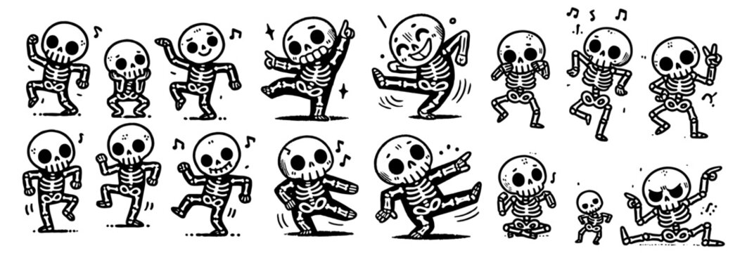 cartoon dancing skeletons in different poses, fun black vector illustrations