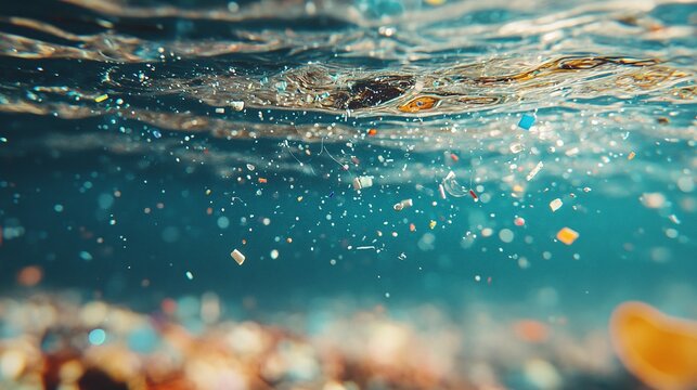 floating microplastics in clear water symbolizing the harmful environmental impact of plastic pollution in oceans and drinking water sources causing contamination and ecological disruption