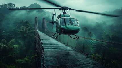 Military helicopter landing on a bridge in the jungle during foggy weather, dramatic scene, aerial transport, rescue mission, tropical landscape, dangerous operation, fog-covered wilderness, adventure