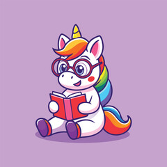 Cute Unicorn Reading Book Cartoon Vector Illustration
