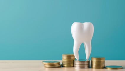 White tooth model on a stack of coins, blue background, concept of dental health care and elderness with space for text