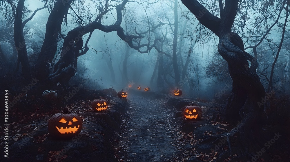 Poster spooky halloween path winding through a dark mysterious forest lined with carved jack o lanterns and