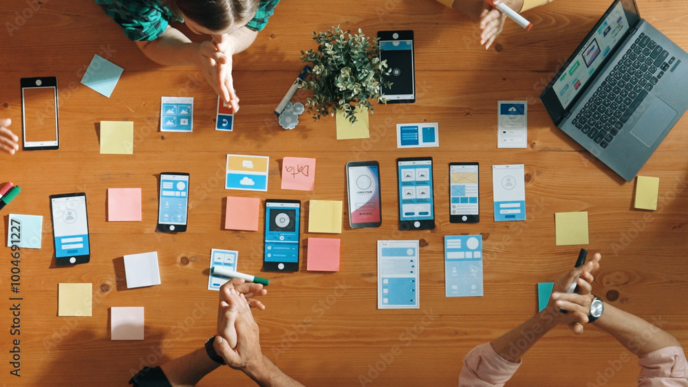 Poster creative team clapping hand together while brainstorm about ux ui design mobile phone interface. peo