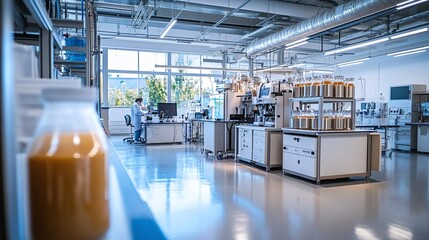 scientists working on biotechnological experiments in an advanced laboratory showcasing the precision fermentation process with high-tech equipment for sustainable food production