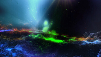 Landscape of a futuristic planet. Magic digital futuristic glowing energy particles.
