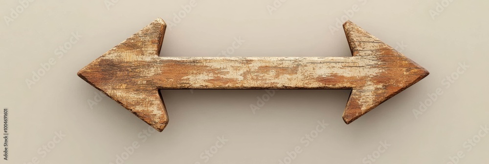 Poster a three-dimensional wooden arrow sign with a decorative edge, showcasing a rough texture and isolate