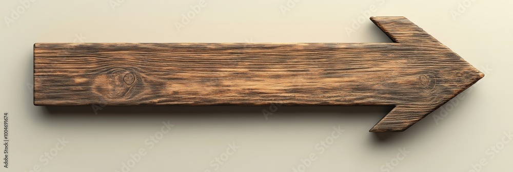 Poster a three-dimensional wooden arrow sign with a decorative edge, showcasing a rough texture and isolate
