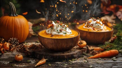 Fototapeta premium homemade autumn pumpkin and carrot soup with cream and seeds on rustic background. Generative Ai