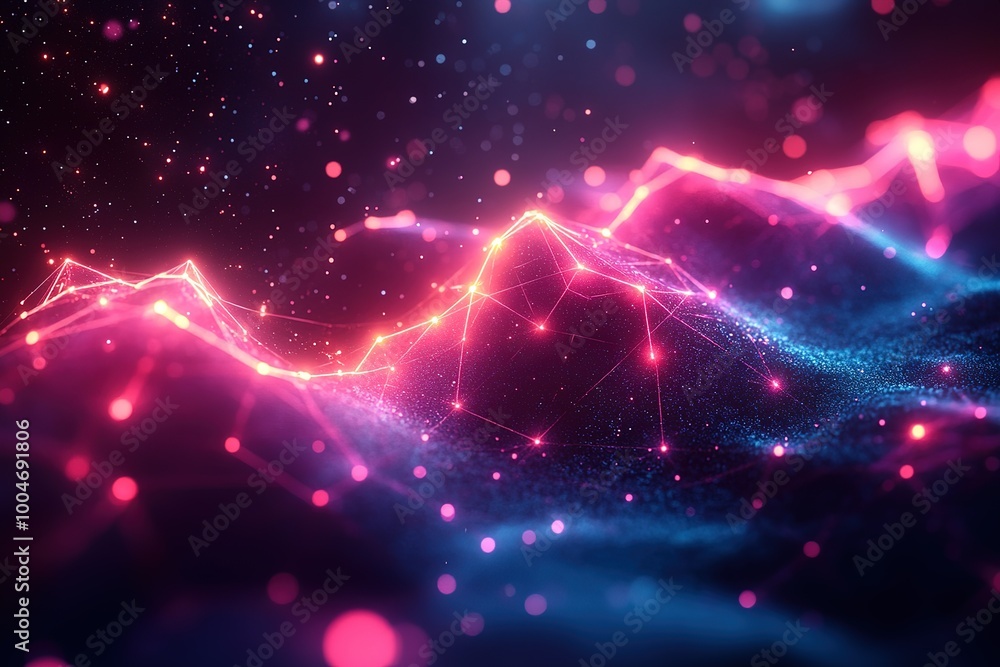 Poster a computer generated image of a mountain range with pink and blue lines