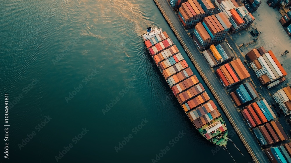 Poster aerial view of a container ship navigating a busy port during sunset, surrounded by colorful shippin