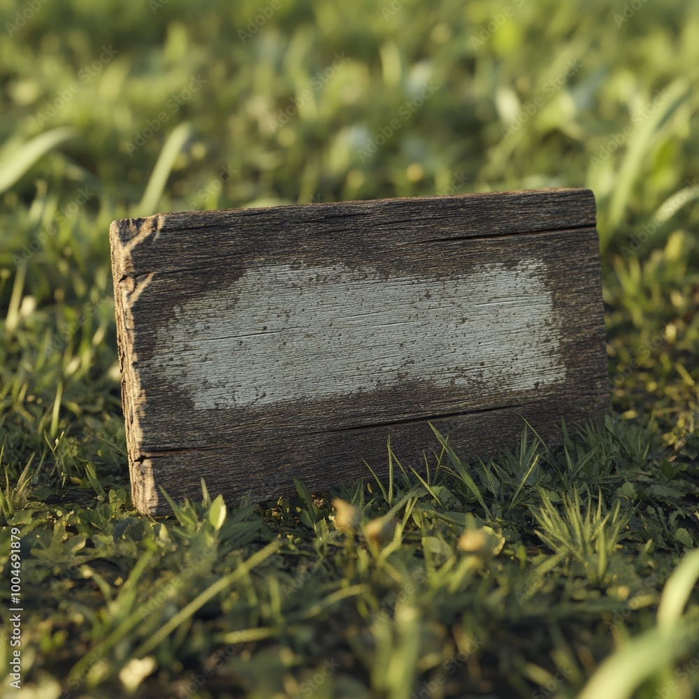 Poster a three-dimensional wooden marker with a simple rectangular shape, featuring a weathered finish and 