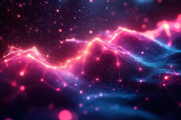 A computer generated image of a mountain range with pink and blue lines