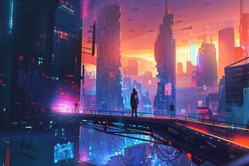 A cityscape with neon lights and a person walking down a street, generative ai image