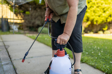 Woman spraying gray concrete patio paving slabs with liquid weed killer from pressurized plastic...