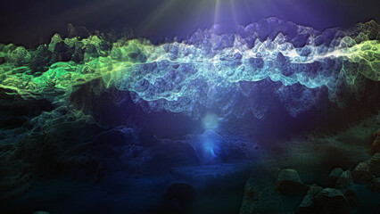 Landscape of a futuristic planet. Magic digital futuristic glowing energy particles.
