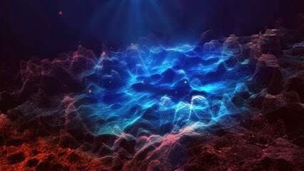 Landscape of a futuristic planet. Magic digital futuristic glowing energy particles.
