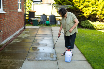 Woman spraying gray concrete patio paving slabs with liquid weed killer from pressurized plastic...