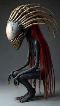 girl with long red hair in a black metal suit, she looks like a horror monster with her mouth which is open to reveal teeth and large fangs with gold accents, resembling a fantasy monster, in