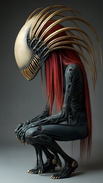 girl with long red hair in a black metal suit, she looks like a horror monster with her mouth which is open to reveal teeth and large fangs with gold accents, resembling a fantasy monster, in
