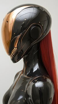 an asian girl with long red hair in a black metal suit, she looks like a horror monster with her mouth which is open to reveal teeth and large fangs with gold accents, resembling a fantasy monster, in