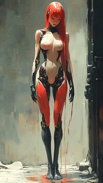 an asian girl with long red hair in a black metal suit, she looks like a horror monster with her mouth which is open to reveal teeth and large fangs with gold accents, resembling a fantasy monster, in