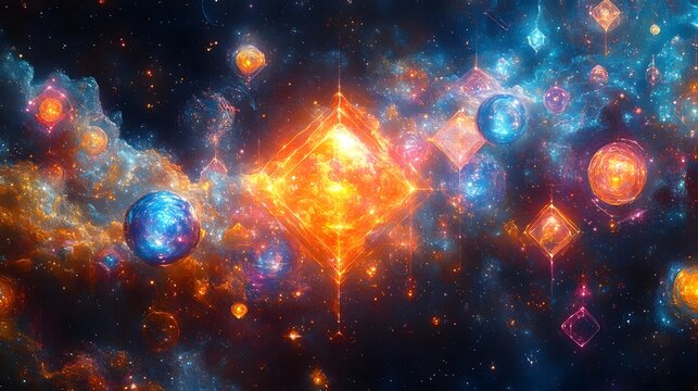A fragmented neon mosaic of geometric shapes--triangles, circles, and hexagons--hovering in space, each glowing with its own bright neon hue, forming a surreal abstract pattern