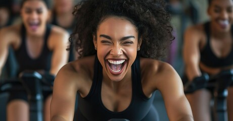 Athletes in a group spinning class at the gym, cycling indoors with joy and teamwork towards their fitness goals
