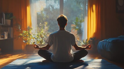 Meditation,young man meditating at home,Mental health,Healing meditations,Self-care,Self-love.