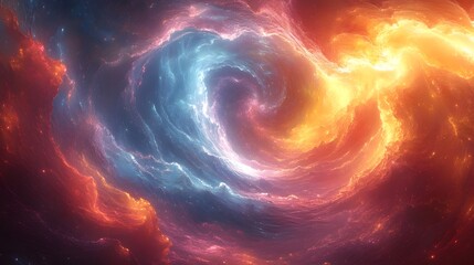 A swirling vortex of neon light trails in vivid pinks, blues, and greens, spiraling into infinity, with geometric shapes and fluid forms blending into an abstract cosmic dance
