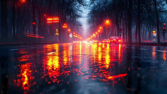 A rain-soaked highway at night, with streaks of colorful neon reflections from distant streetlights and signs glistening on the wet asphalt, as taillights blur in the distance