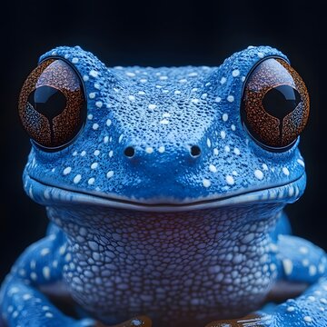 a realistic blue poison frog staring , realistic, national geographic style