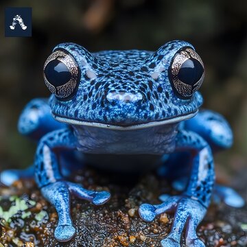 a realistic blue poison frog staring , realistic, national geographic style