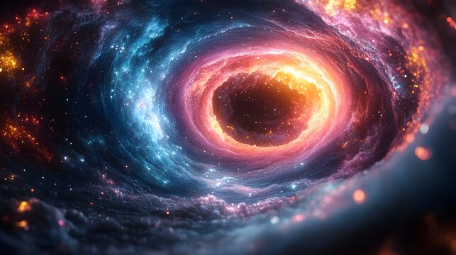 A swirling vortex of neon light trails in vivid pinks, blues, and greens, spiraling into infinity, with geometric shapes and fluid forms blending into an abstract cosmic dance