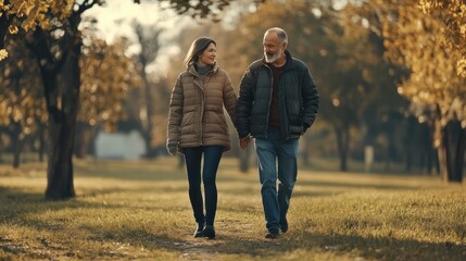 Fototapeta premium Middle aged love couple walking outside in a park, healthy, lifestyle