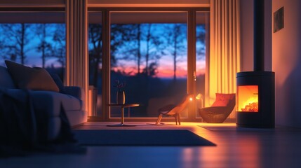 Modern Pellet Stove in a Cozy Home Interior at Dusk