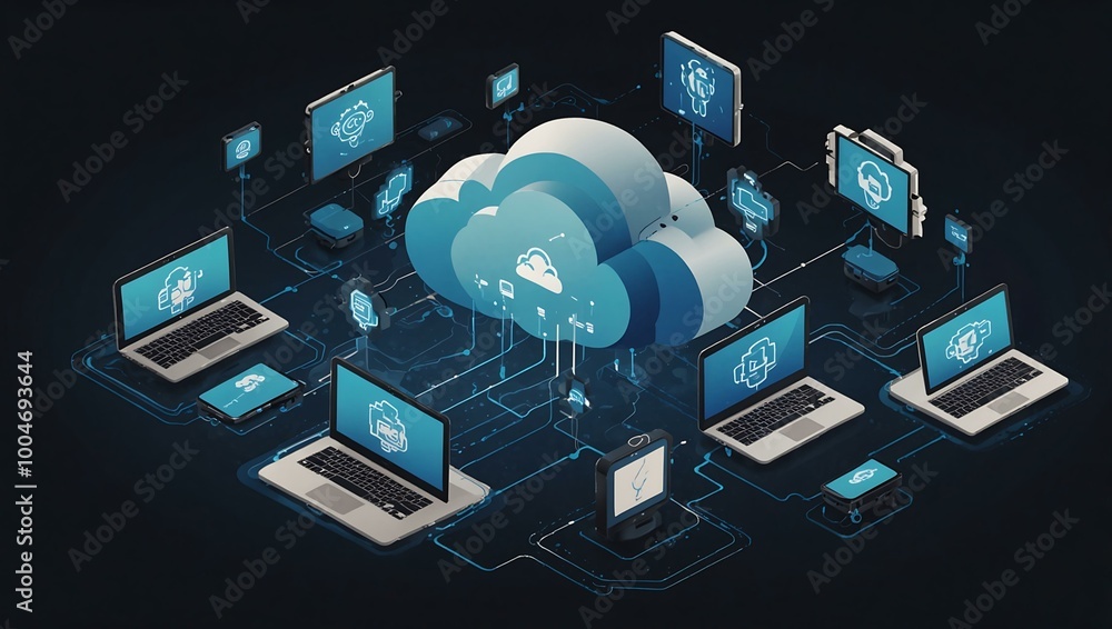 Poster isometric cloud computing illustration with connected devices.