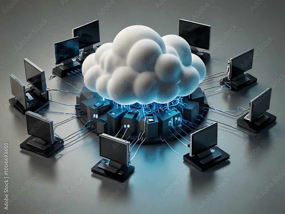 Aufkleber isometric cloud computing illustration with devices connected to a server.